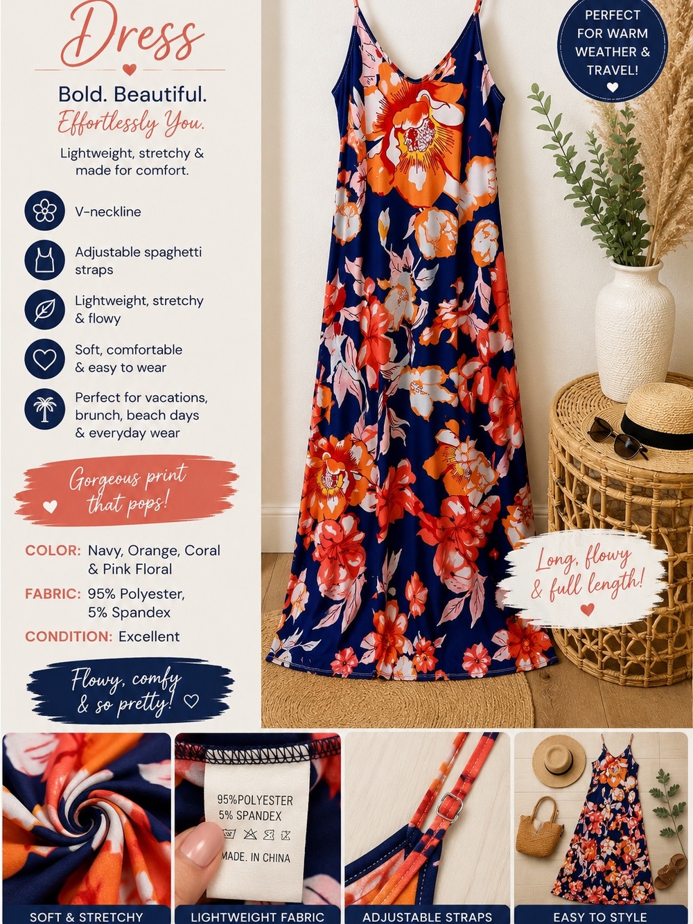 Floral Maxi Slip Dress - Navy, Orange & Coral Floral